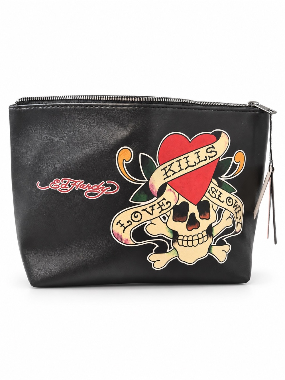 Ed Hardy Black Toiletry Pouch with Red Heart & Multicolor Skull Graphic